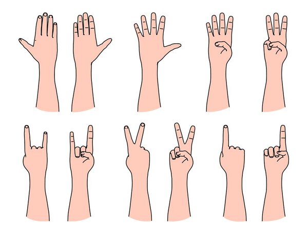 Подсчет человеческими пальцами и жестом победы и рок-музыки
