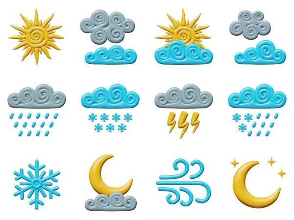 Plastic weather 3d set - clouds, rain, sun, moon — Stock Vector