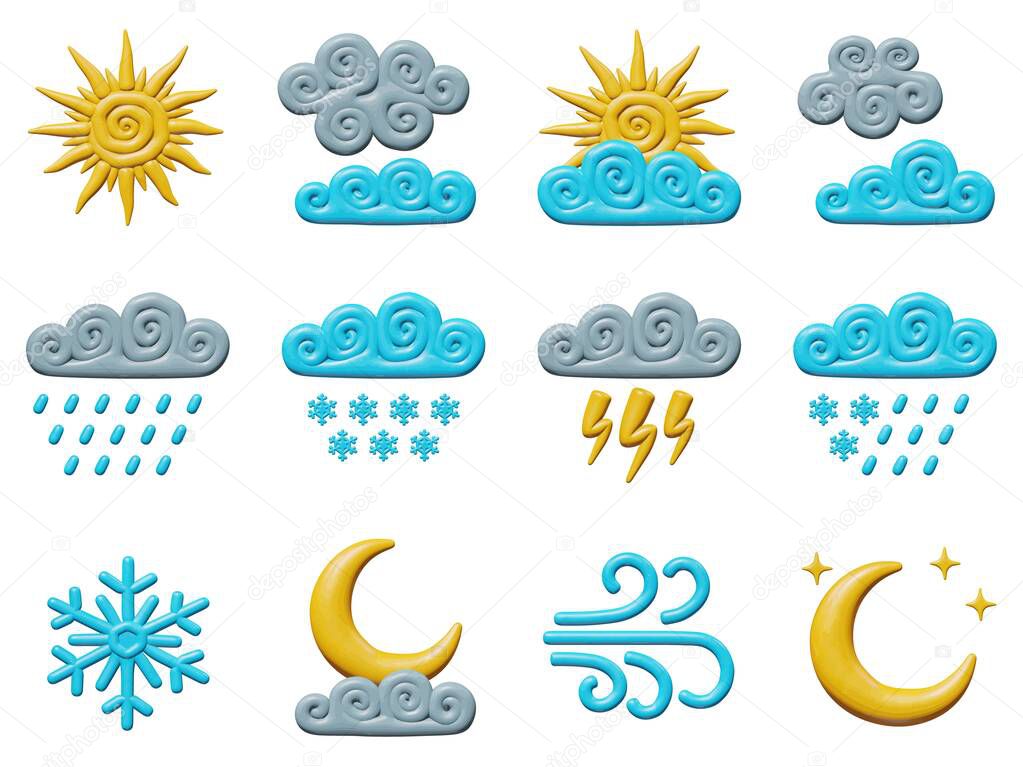 Plastic weather 3d set - clouds, rain, sun, moon