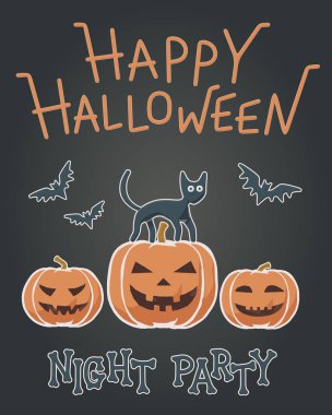 Düz vektör - komik yarasalar, sevimli kedi, turuncu balkabağı