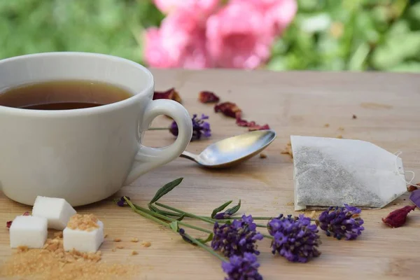 Kaffeegedeck Mit Lavendel Und Zuckerwuerfeln — Stok fotoğraf