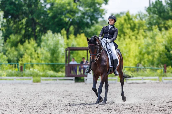 ドレッシング高度なテストに馬に乗る若い女性 — ストック写真