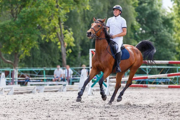 Jovem cavaleiro masculino em show jumping competição — Fotografia de Stock