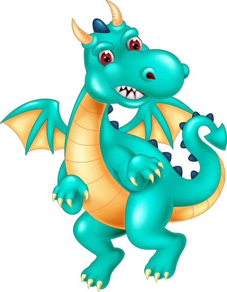 Divertido Dragón Azul Dibujos Animados Pie Con Risa Saludos — Vector de stock