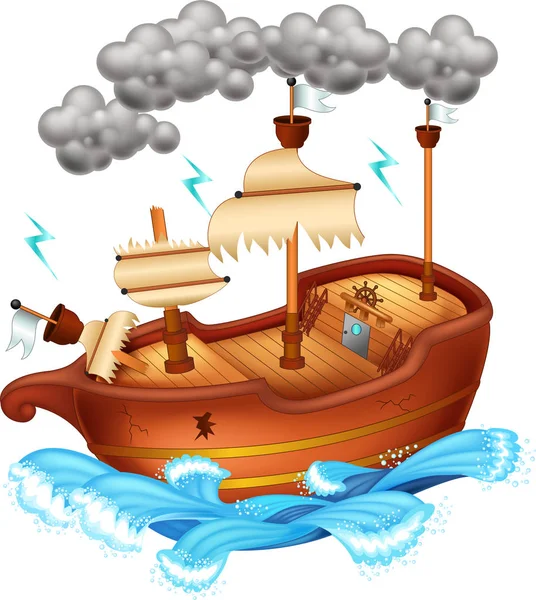 Cute Yacht Cartoon Broke Middle Sea — Stock Vector