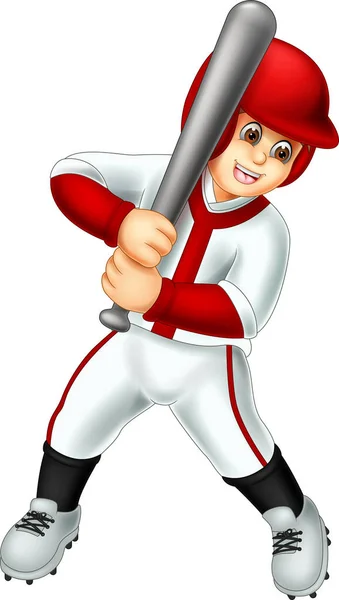 Guapo Béisbol Jugador Dibujos Animados Pie Con Sonrisa Llevar Palo — Vector de stock