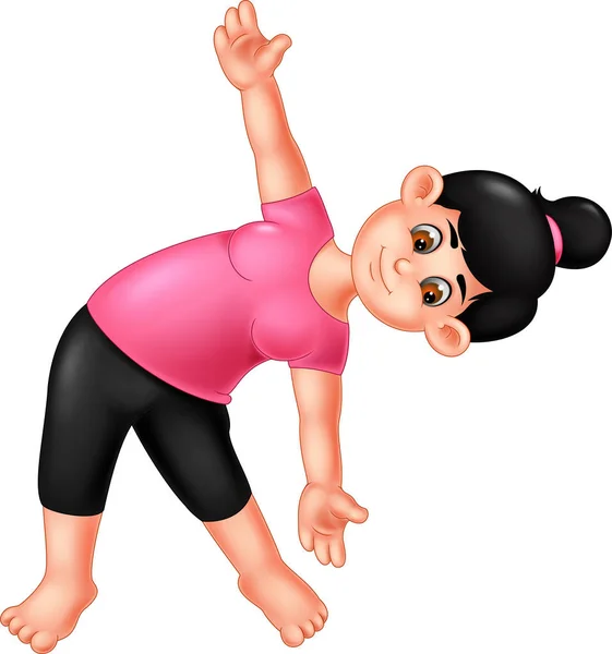 Lustige Mädchen Cartoon Praktizieren Yoga Sport Mit Stehen Und Winken — Stockvektor