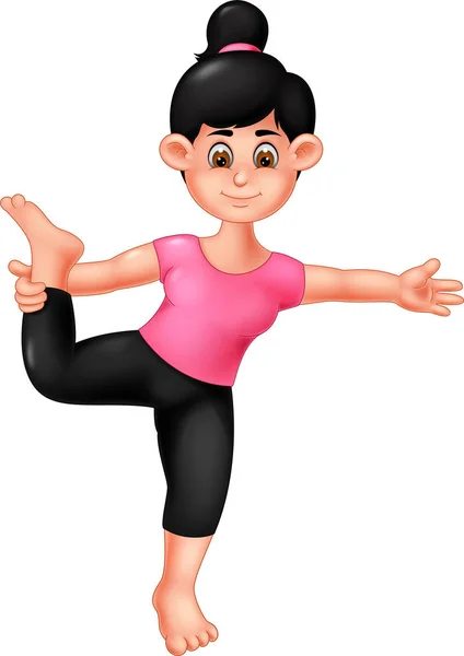 Linda Chica Dibujos Animados Pie Practicando Yoga Deporte Con Risas — Vector de stock