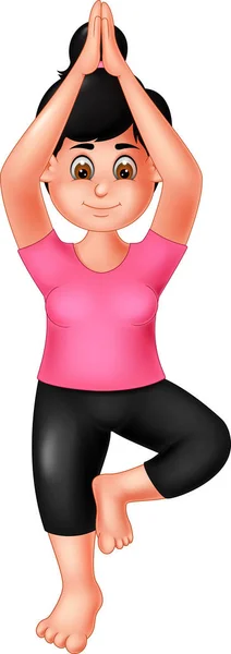 Divertida Chica Dibujos Animados Pie Practicando Yoga Deporte Con Sonrisa — Archivo Imágenes Vectoriales