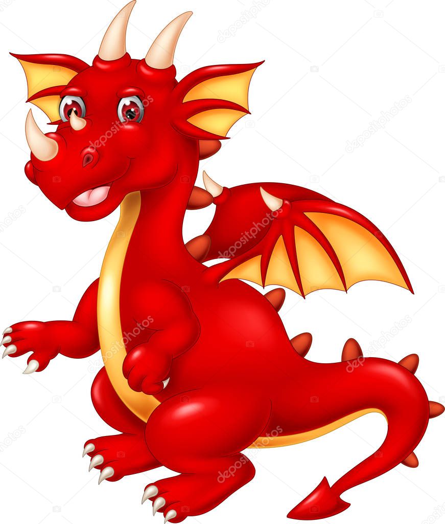 funny red dragon cartoon posing with smiling and waving