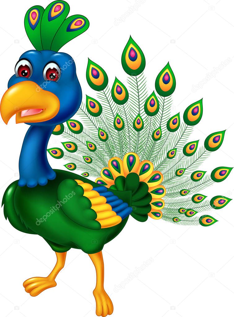 cute peacock cartoon posing with laughing and waving