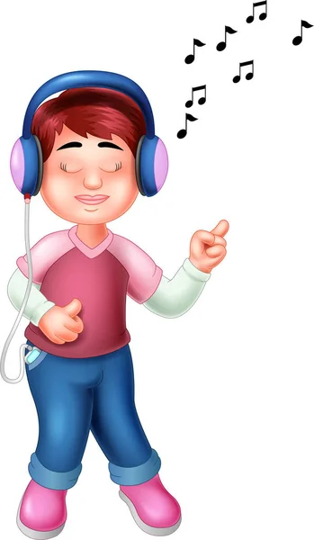 Funny Boy Cartoon Listening Music Dancing Laughing — Stock Vector