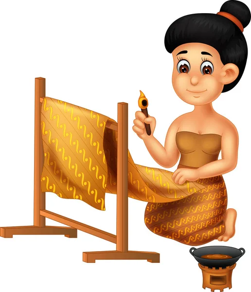 Funny Women Cartoon Batik Sitting Smile — Stock Vector