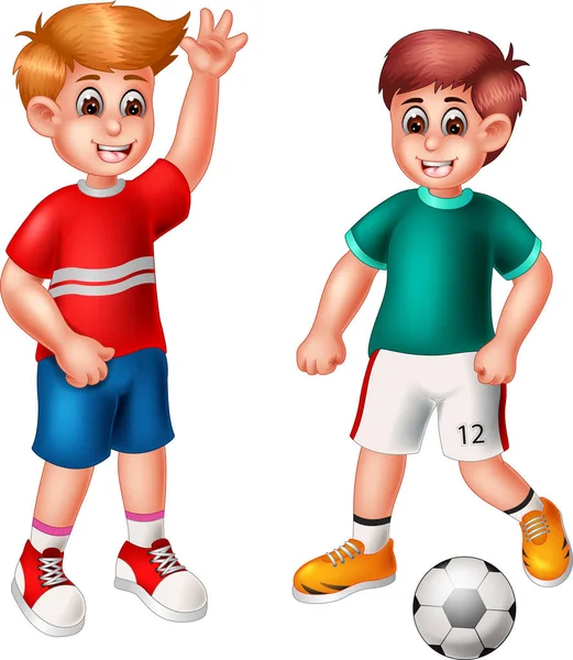 滑稽的男孩卡通姿势踢足球与幸福 — 图库矢量图片