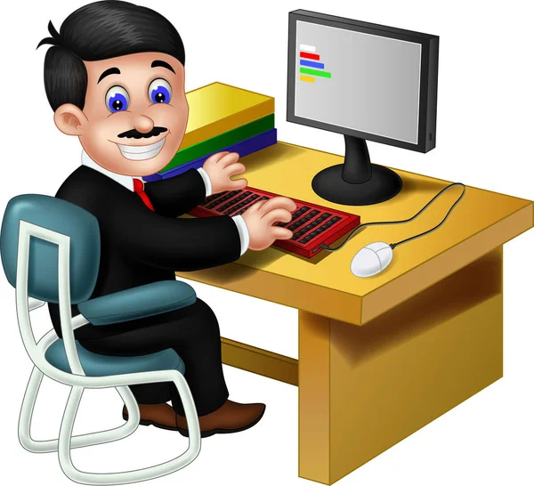 Employee Work Front Computer Cartoon Your Design — Stock Vector