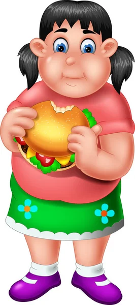 Rolig Fet Tjej Med Big Burger Cartoon För Din Design — Stock vektor