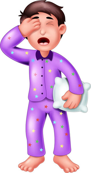 Funny Sleepy Boy in Purple Pajama With White Pillow Cartoon For Your Design
