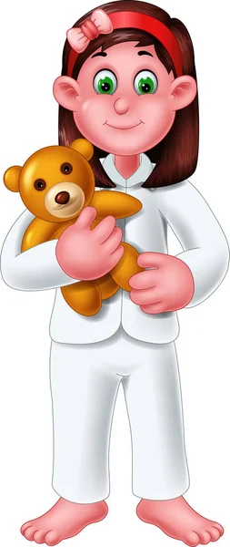 Lustiges Mädchen Weißen Pyjama Mit Teddybär Cartoon Für Ihr Design — Stockvektor