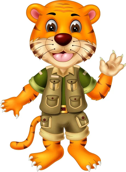 Funny Yellow Tiger Green Brown Uniform Cartoon Your Design — Stock Vector