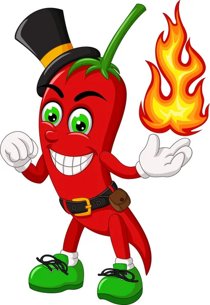 有趣的红色辣椒穿黑帽子与火在手卡通为您的设计 — 图库矢量图片