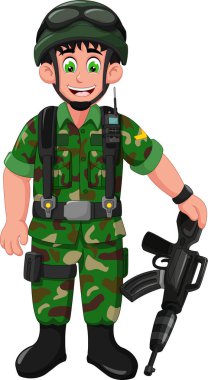 Tasarım için Siyah Gun Karikatür ile Yeşil Üniformalı Funny Soldier