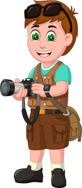 Tasarım için kamera karikatür ile Kahverengi Üniformalı Komik Fotoğrafçı