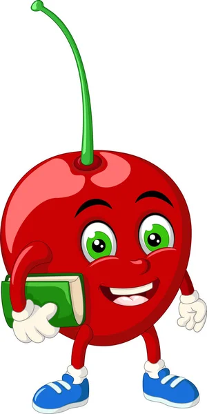 Vicces Red Cherry Green Book Cartoon Design — Stock Vector