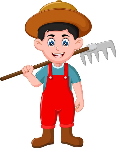 Funny Farmer Red Shirt Brown Hat Fork Cartoon Your Design — Stock Vector