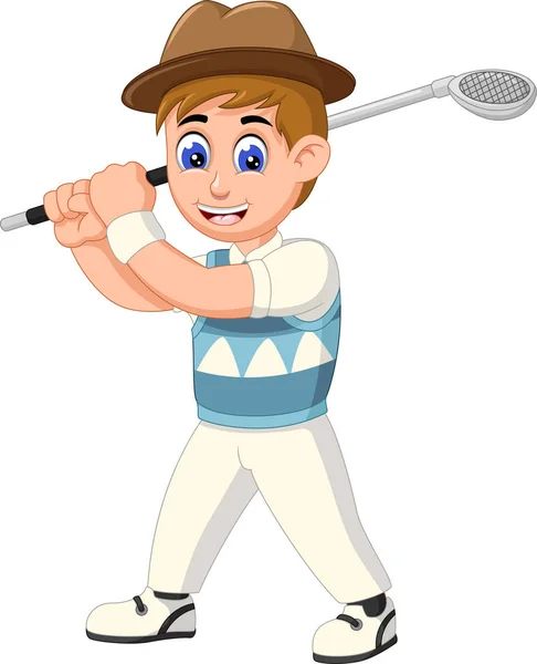 Lustiger Golfspieler Junge Weiß Blauer Uniform Mit Braunem Hut Cartoon — Stockvektor