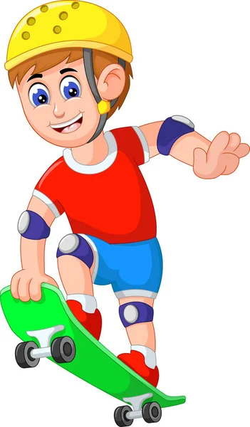 あなたのデザインのための緑のスケートボード漫画と赤いシャツで面白いスケーターの少年 — ストックベクタ