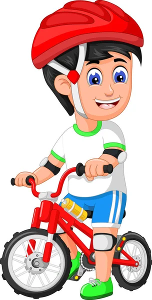 有趣的男孩与红色自行车和头盔卡通为您的设计 — 图库矢量图片