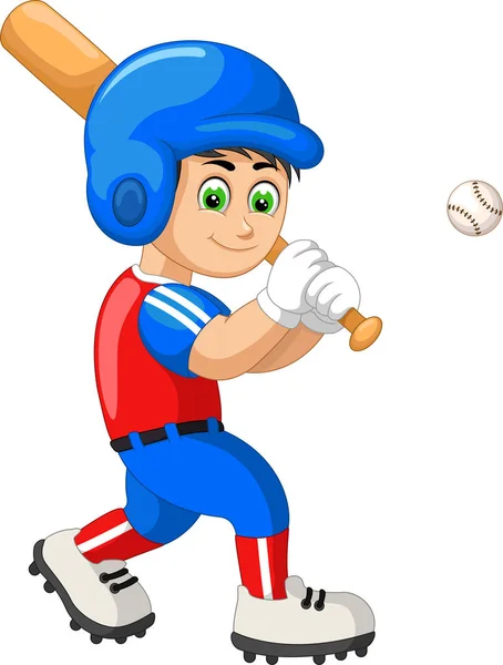 Funny Baseball Boy Player Red Blue Uniform Cartoon Your Design — Stock Vector