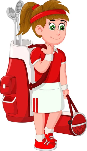 Śmieszne Golfer Dziewczyna Czerwonym Uniform Cartoon Dla Twojego Projektu — Wektor stockowy