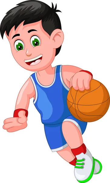 Funny Basketball Player Dalam Blue Uniform Cartoon Untuk Desain Anda - Stok Vektor