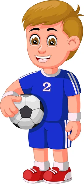 Grappige Voetbal Jongen Speler Blauwe Uniforme Cartoon Voor Ontwerp — Stockvector