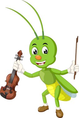 Tasarım için Kahverengi Keman Karikatür ile Komik Yeşil Çekirge