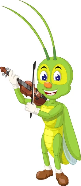 Grasshopper Verde Engraçado Tocando Violino Marrom Desenhos Animados Para Seu — Vetor de Stock