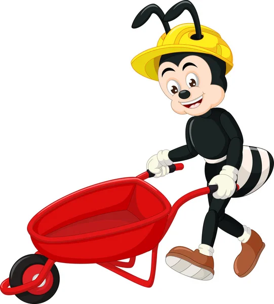 Funny Black Ant Wearing Yellow Helmet Red Cart Cartoon Your — стоковый вектор