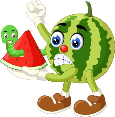 Funny Green Watermelon With Green Worm Cartoon for your design clipart