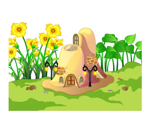 あなたのデザインのための黄色の花の漫画と面白い茶色のアリの家 — ストックベクタ