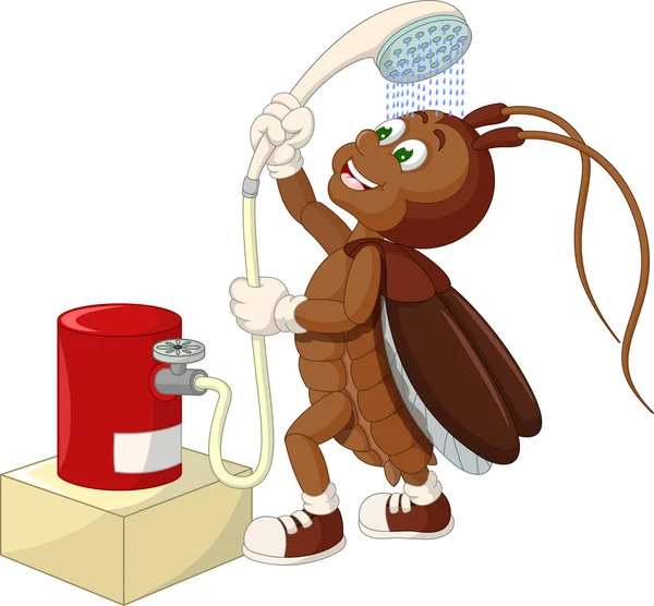 Funny Brown Cockroach Take Bath Shower Cartoon Your Design — Stock Vector