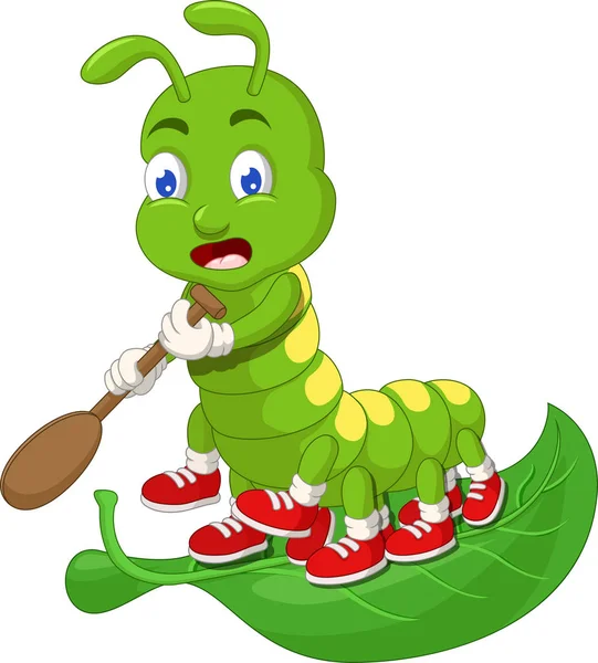 Funny Green Caterpillar Noszenie Czerwone Buty Green Leaf Cartoon Dla — Wektor stockowy