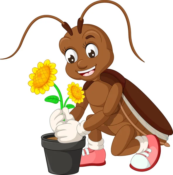 Śmieszne Brązowy Cockroach Żółtym Słonecznik Cartoon Dla Twojego Projektu — Wektor stockowy