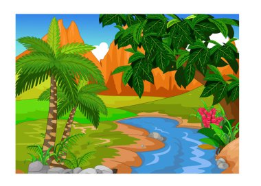 Serin Peyzaj Hill River Forest Mountain Karikatür tasarım için
