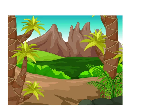 Koele Landschap Gras Hill Met Rock Mountain Cartoon Voor Ontwerp — Stockvector