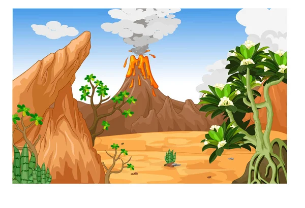 Paysage Désert Avec Eruption Mountain Cartoon Pour Votre Design — Image vectorielle