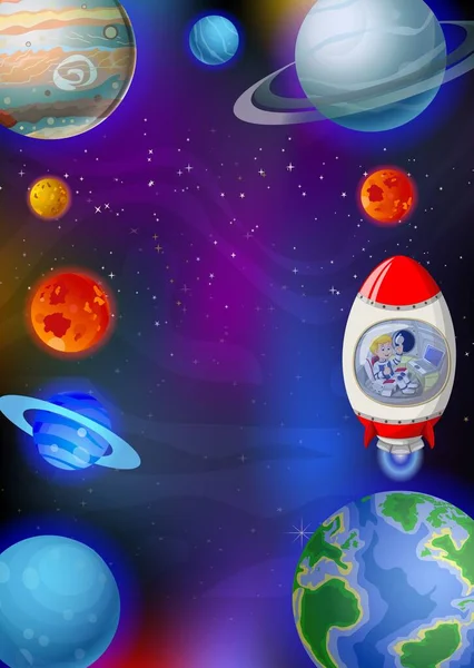 Vista Sistema Solar Com Foguete Cartoon —  Vetores de Stock