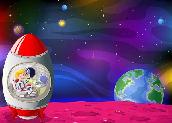 银河空间漫画中带有月球 地球和其他行星的红色白色火箭 — 图库矢量图片