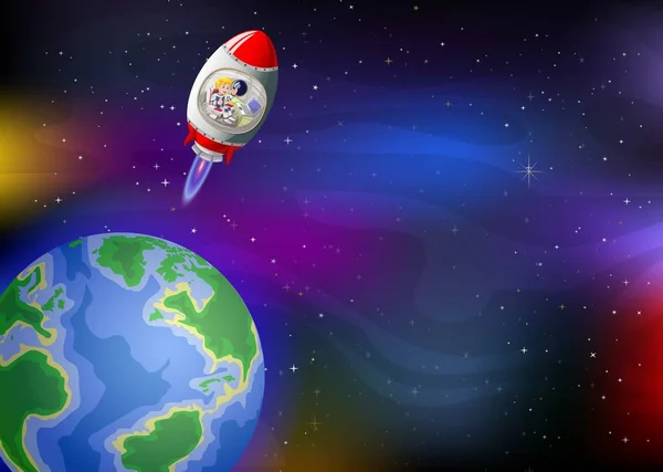 带地球卡通的银河太空中的飞红白色火箭 — 图库矢量图片