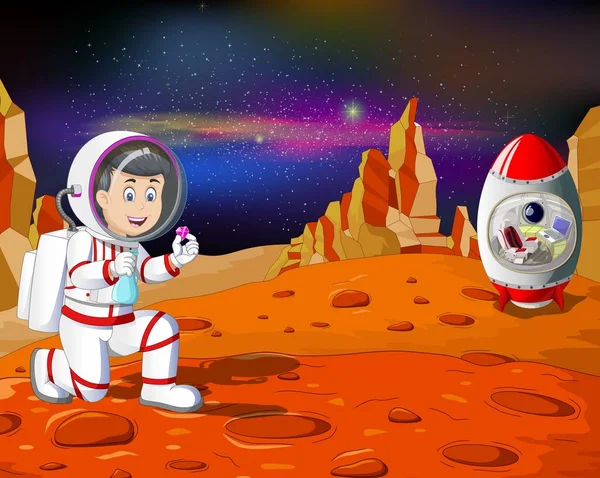 Homem Astronauta Terno Branco Vermelho Com Foguete Marte Planeta Superfície —  Vetores de Stock
